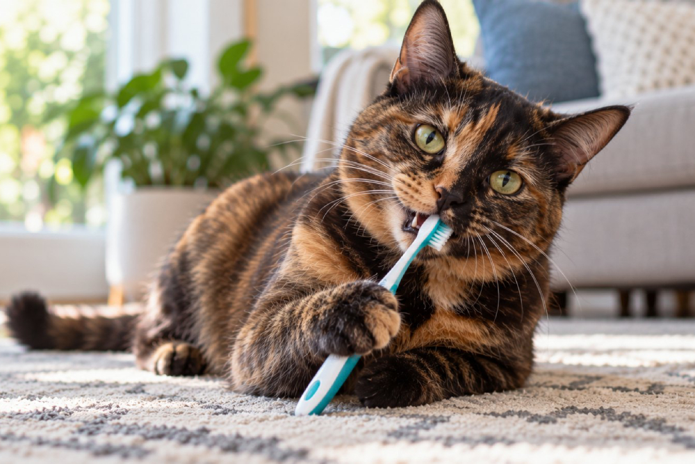 A tortoiseshell cat lying on a rug, chewing a teal and white toothbrush held between its paws.